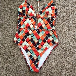Geometric Print Plunging Neckline One-Piece